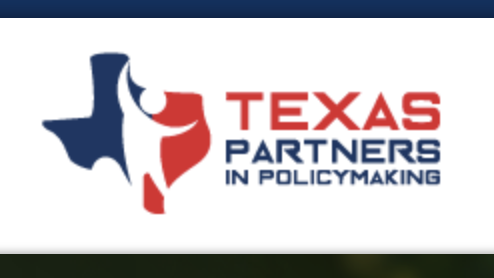 Logo reading Texas Partners in Policymaking, in red and blue. On the right is the outline of the state of Texas with cartoon image of a person with one hand raised.