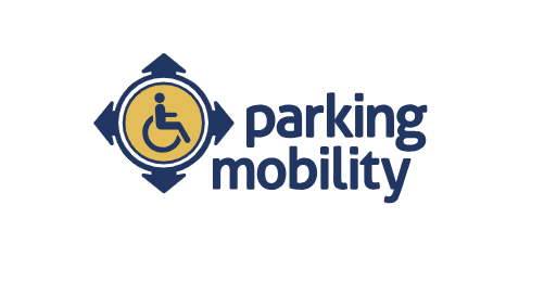 A logo reads "parking mobility," with a yellow circle with a blue wheelchair symbol in the middle, surrounded by two blue circles. Blue arrows point up, down, left, and right from the outer circle.