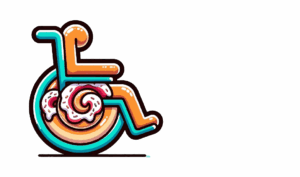 A cinnamon roll in a teal wheelchair rolling across the screen