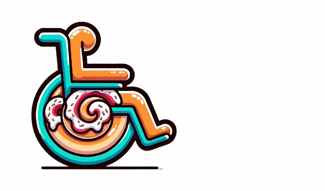 A cinnamon roll in a teal wheelchair rolling across the screen